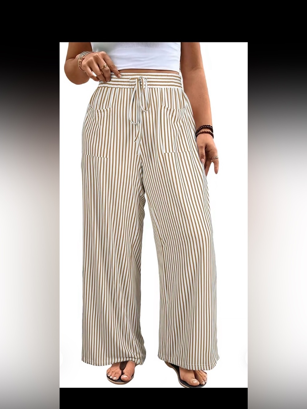 Striped Wide-Leg Drawstring Pants - White & Tan